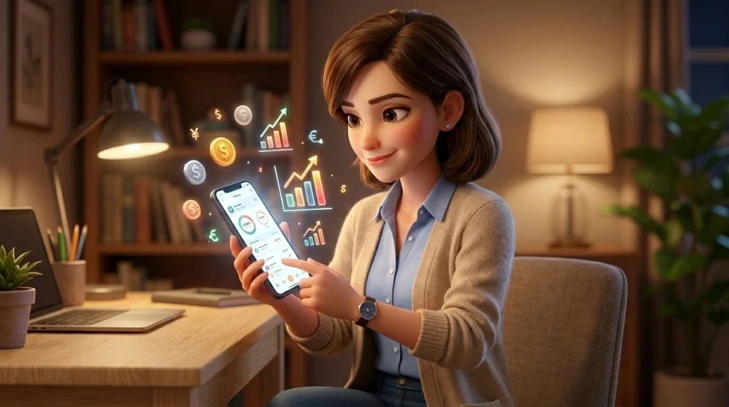 Mujer utilizando una app de control de gastos en su teléfono